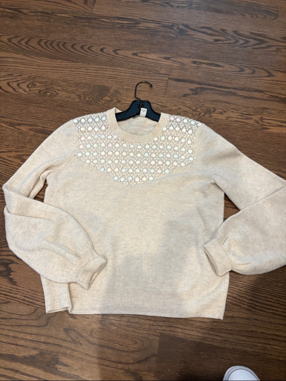 Autumn Cashmere Cream Crewneck Sweater with Beaded Yoke